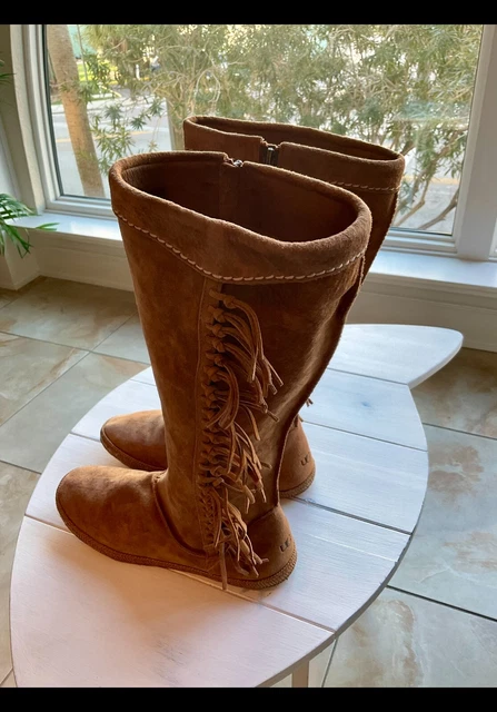 UGG W Mammoth Moccasin Boots Suede Knee High Fringe Womens Size 9 Brown