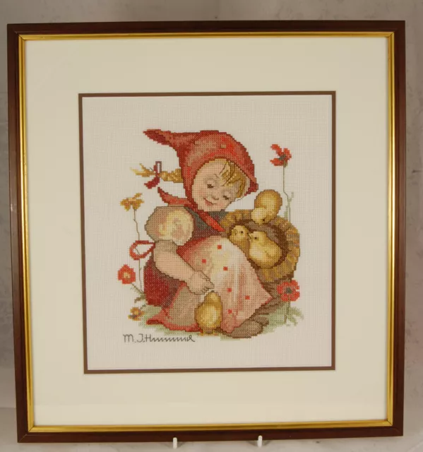 Framed Cross-stitch Hummel - Girl with Chickens - Frame:38x36cm Canvas:25x23cms