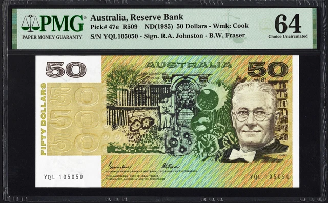 Australia 50 Dollars P47e R509 1985 Johnston Fraser PMG64 Choice UNC Banknote