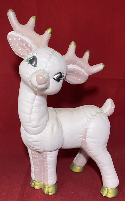 Vintage Kimple Christmas Ceramic Pink Reindeer Figurine Kitschy Hand Painted