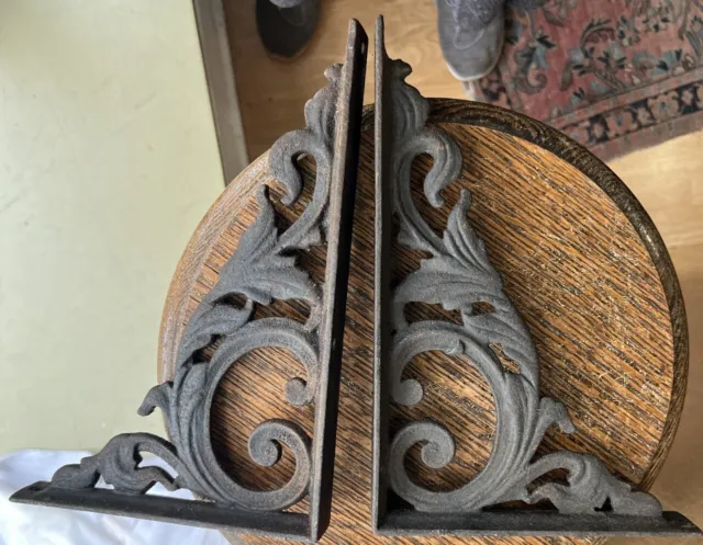 Antique Cast Iron Shelf Brackets Corbel Pair Victorian Scroll Salvage Bookshelf-