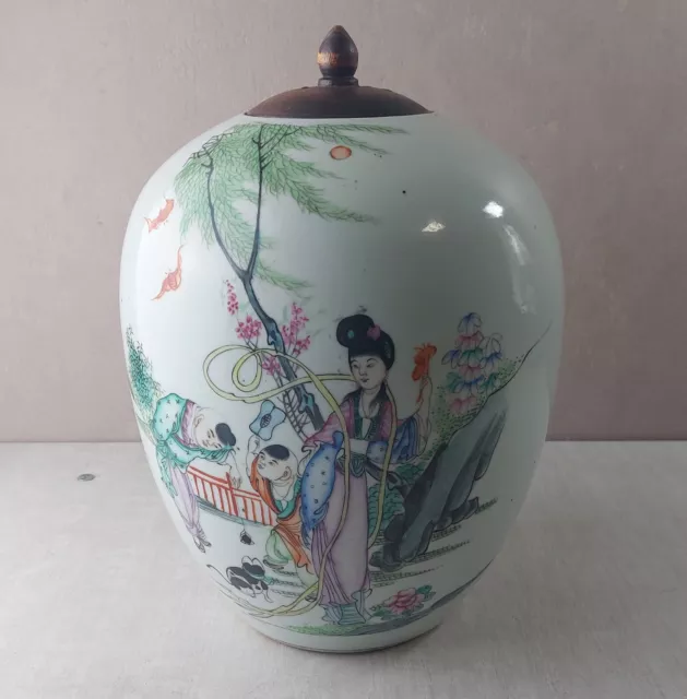 Ancien grand pot à gingembre, en porcelaine de Chine, décor asiatique, XIXème