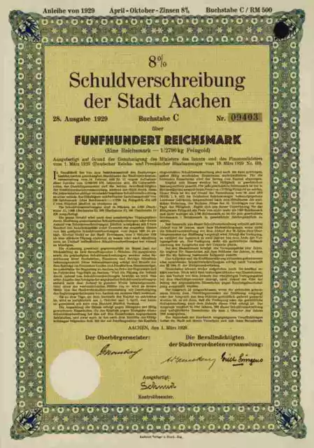 Aachen Stadtanleihe 1929 Schuldverschreibung 500 RM Goldbond OB Wilhelm Rombach