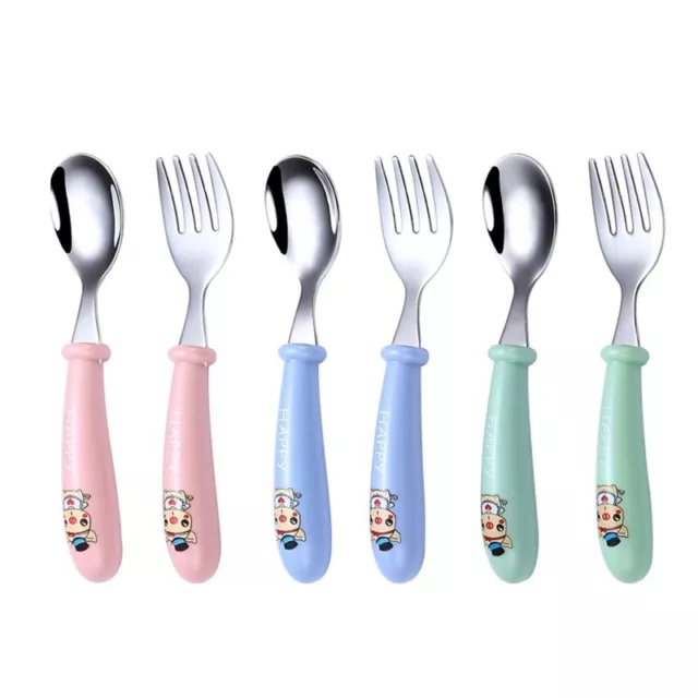 2 Pcs Baby Stainless Steel Spoon Fork Set Infant Feeding Cartoon Cutlery Utensil