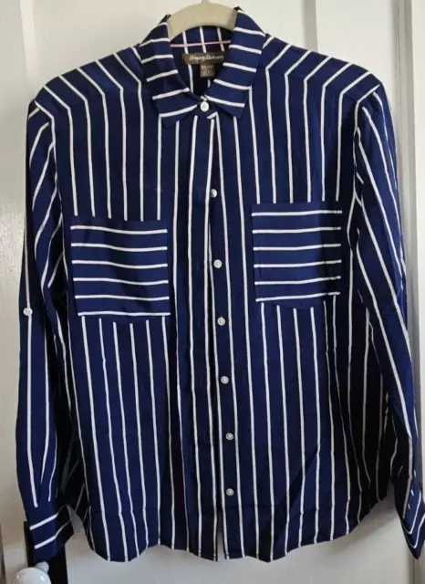 Tommy Bahama women Savanna stripe roll tab sleeves 100% silk button up shirt XS