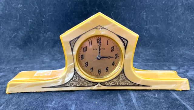 Vintage Antique Art Deco Celluloid New Haven mantle clock butterscotch color