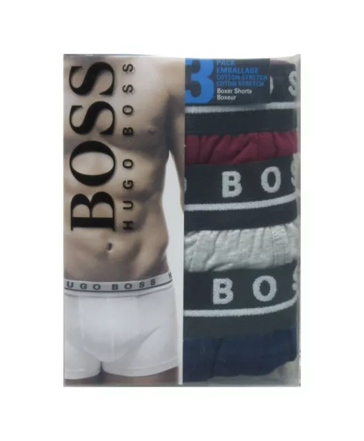 Hugo Boss Men's Burgundy-Gray-Navy Cotton Stretch Boxer Shorts 3 Pack