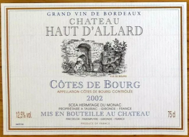 Etiquettes vin FRANCE CHATEAU HAUT D'ALLARD Cotes de Bourg 2002  wine labels