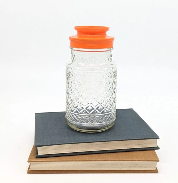 VINTAGE ANCHOR HOCKING Cut Glass Tang Jar Canister with Orange Lid £7.