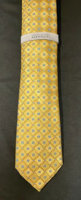 $55 Perry Ellis Portfolio Men's Hall Grid Print Silk Necktie, Yellow 3"