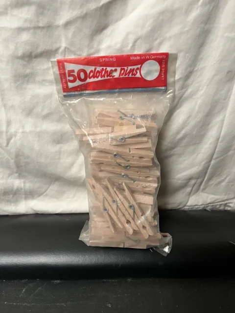 Vintage NOS Lot of 50 White Hardwood West Germany Wooden Wood Clothespins