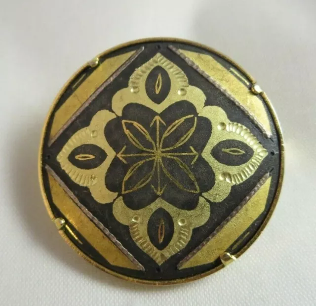 Vintage Round Damascene Trombone Clasp Brooch Pin Gold Tone Black Flower? 1 1/8"