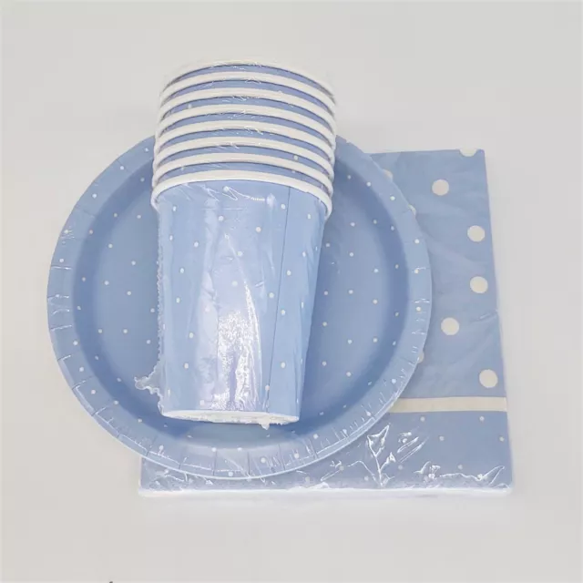 Feminine Blue Polka Dot Party Paper Cups, Plates, Napkins Set for 8 Light Blue