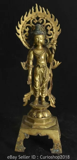 14" Old Chinese Buddhism Bronze Gilt Stand Kwan-yin Guan Yin Goddess Sculpture