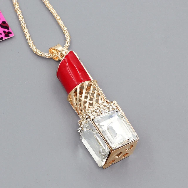 Betsey Johnson Bling Red Enamel Crystal Lipstick Charm Pendant Women's Necklace