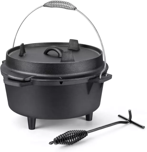 5QT Cast Iron Dutch Oven,  Pre Seasoned Camping Pot & Lid Lifter, Large Heavy Du