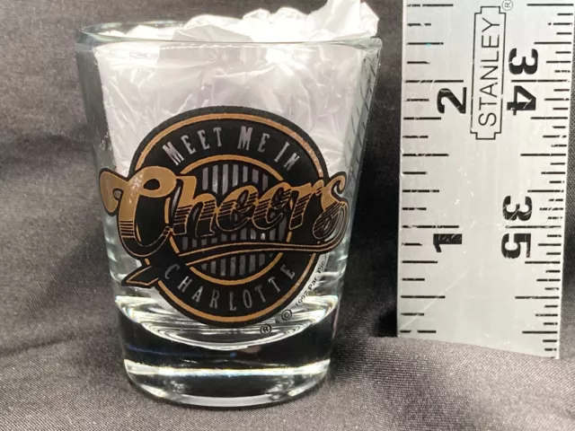Cheers Meet Me In Charlotte Clear Shot Glass Black & Gold Logo 1997