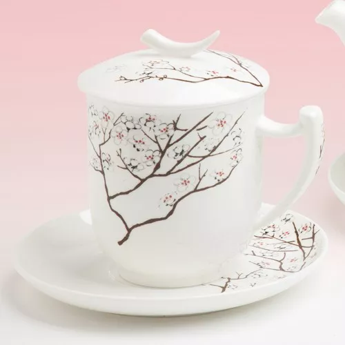 Tasse à Thé Avec Tamis Et Couvercle Blanc Cerise Arête Chine Porcelaine