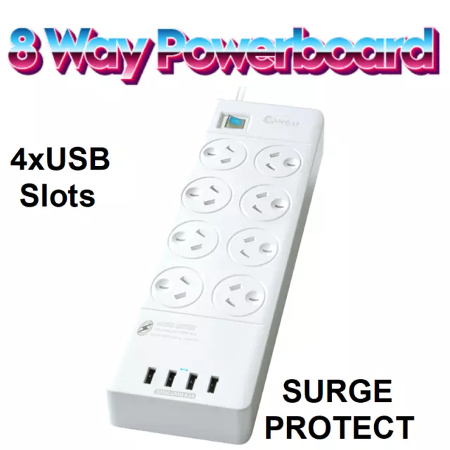 8-Way Powerboard Outlet Socket & 4-USB Charging Charger Ports w/Surge Protection