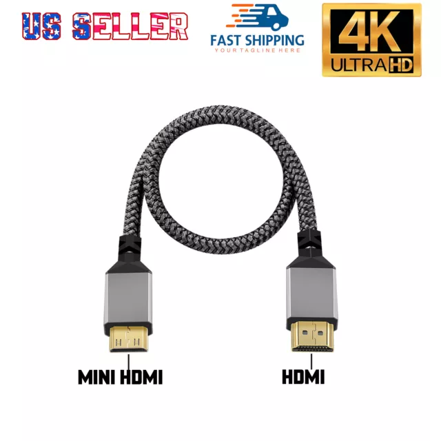 High Speed Mini HDMI to HDMI Cable Braided Cord 3D 4K/60Hz 1080p For HDTV Camera