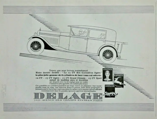 Publicité De Presse 1929 Automobiles Delage La 17 Cv Six-Cylindres Légère