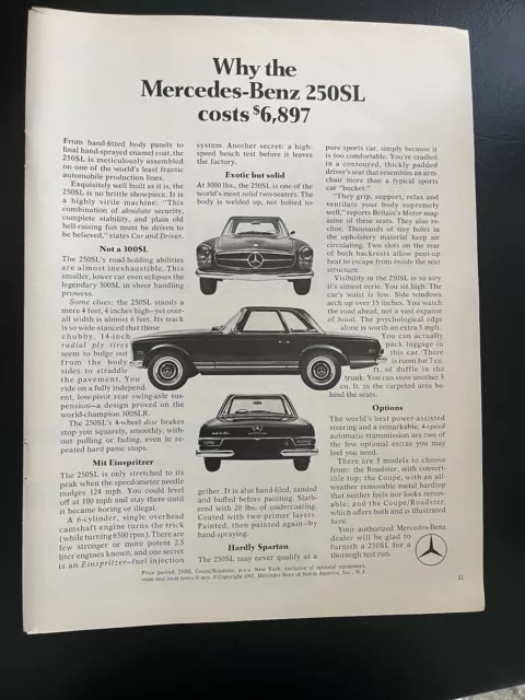 1968 Mercedes-Benz 250-SL Two-Seater Car Print Ad ~ Why it Costs $6,897