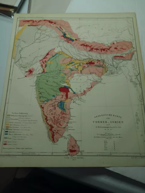 Original India First Geological Map Greenough Petermann 1855