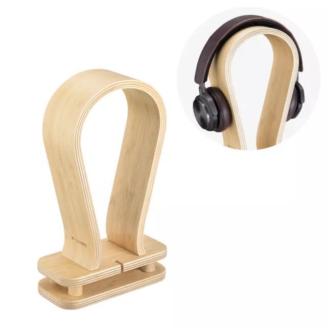 Soporte de bambú para auriculares con holder para cables y alfombrilla