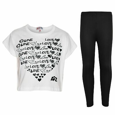 Kids Girls Top Love Print Stylish White Crop Top & Fashion Legging Set 5-13 Year