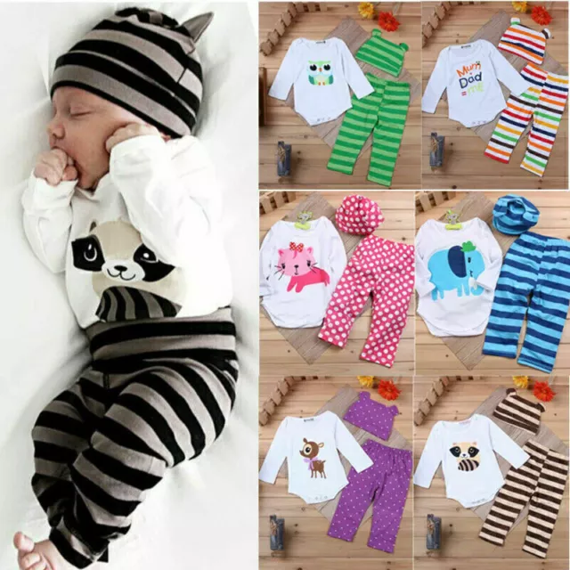 Newborn Baby Boy Girl Long Sleeve Romper Tops Pants Hat Kids Clothes OutfitSet