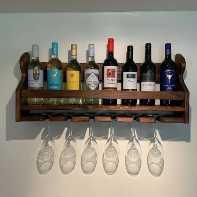 Wine Rack - 6 glass/8 bottle Handmade Rustic Wine/Spirits Wall Mounted Bar Shelf