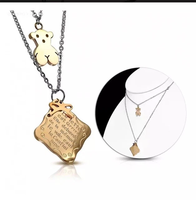 COLGANTE DOBLE CADENA Osito Tøus En Acero Quirurgico Dorado Joya