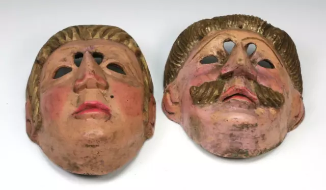 Vintage Pair Hand Carved Guatemalan Festival Mask Early 20th Century Folk Art