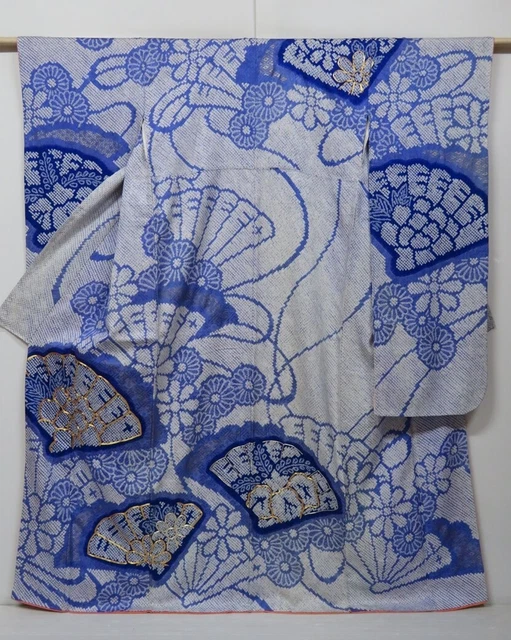 1011H09z1180 Japanese Kimono Silk FURISODE Light blue Whole shibori