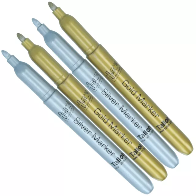 4-teiliges GOLD/SILBER MARKER STIFTE SET Metallic Tinte Kunst/Handwerk Filzspitze Kugelspitze Neu im Karton