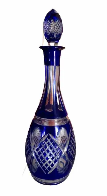 Vintage Bohemian Glass Cobalt Blue Cut to Clear Tall Wine Decanter With Stopper