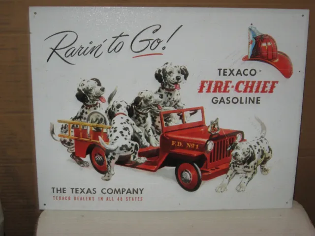 TEXACO FIRE-CHIEF Gasoline metal sign w/Dalmations -Texas Co-Fire Dept