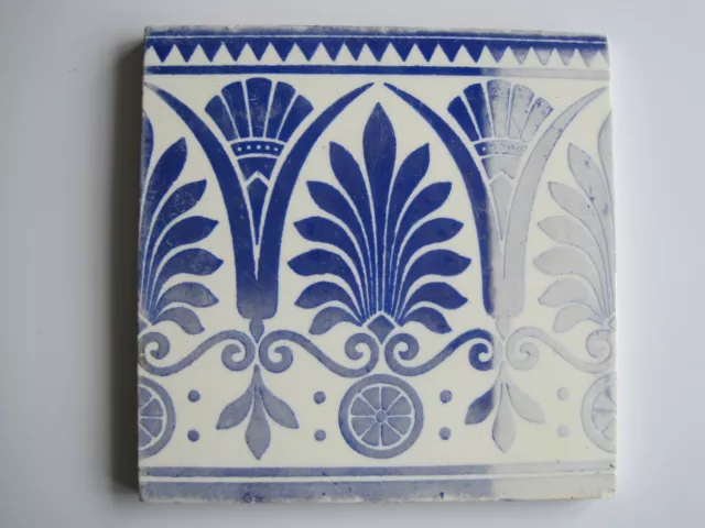 Antique Victorian Minton Hollins 6" Blue On White Egyptian Style Tile  C1885