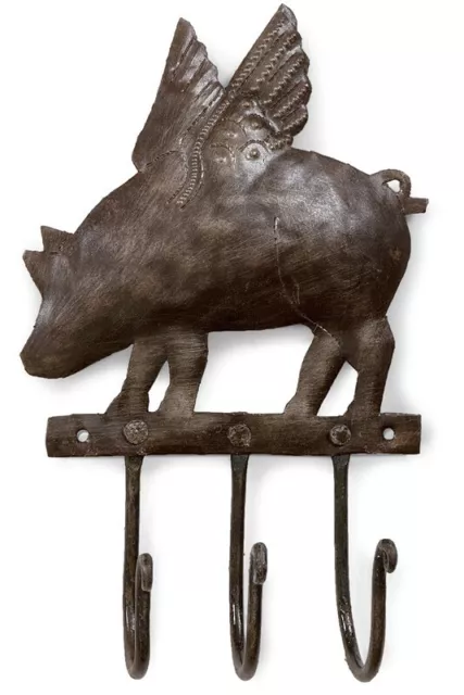 Metal Flying Pig 3 Hook Wall Mount Hanger Primitive Country Decor PRIMITIVE HOOK
