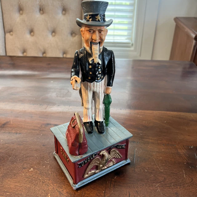 VINTAGE CAST IRON Mechanical Coin Bank Uncle Sam Working Made In Taiwan