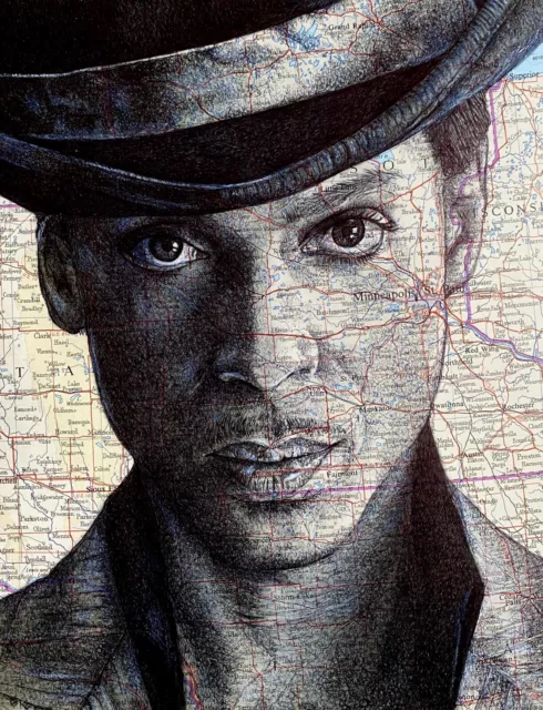 Prince Portrait Art Print.Pen Drawing Over Map Of Minneapolis. A4 Unframed