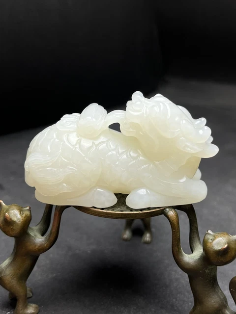 Chinese Exquisite Handmade Kirin carving Hetian Jade Statue