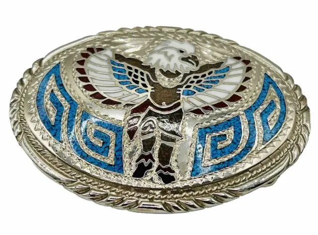 Vintage Inlaid Silver Belt Buckle Eagle Kachina Turquoise Coral Chip Inlay EUC