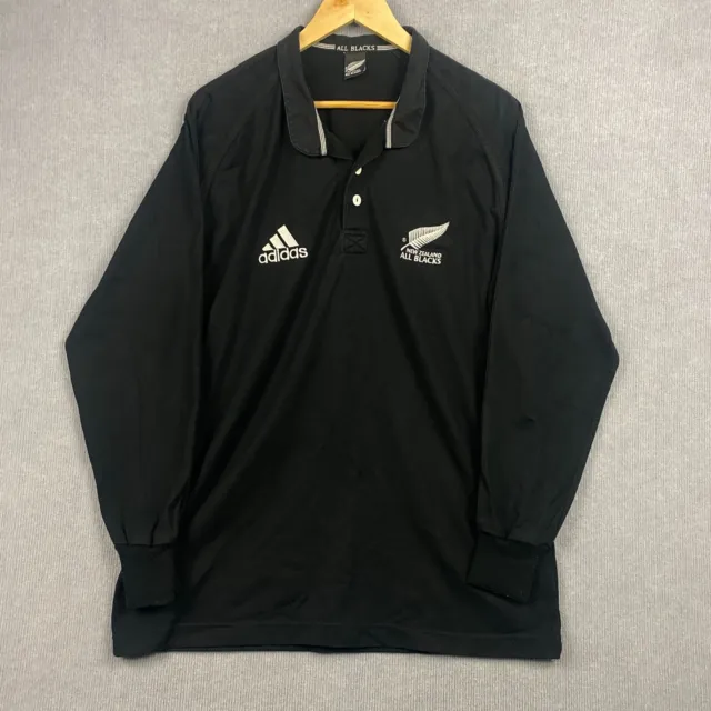Vintage Adidas New Zealand All Blacks Rugby Polo Mens Large Black Long Sleeve