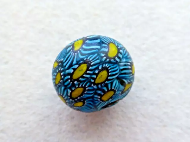 Antique   Round Embedded W/ Blue Chevrons  Glass Trade Bead