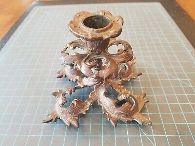 Victorian Ornate Gold Tone Cast Iron Candle Holder Leaf Floral Footed - gw3