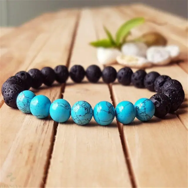 Bracelet 8 mm perles turquoise naturelles fait main 7,5 pouces bouddhisme pierre précieuse brassard