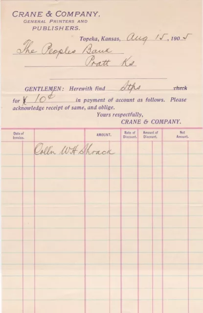 U.S. Crane & Company Topeka 1905 General Printers Publishers Receipt Ref 40511