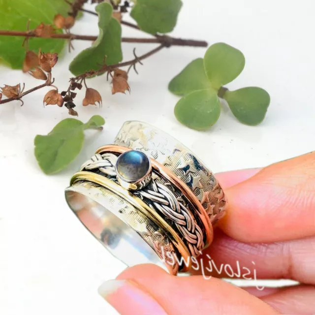 Blue Labradorite Gemstone Ring 925 Sterling Silver Spinner Women's Jewelry/R17