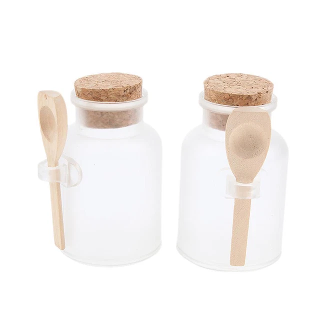 2x Bottiglia  Da Bagno Vaso Sughero Cucchiaio Legno Accessori Plastica